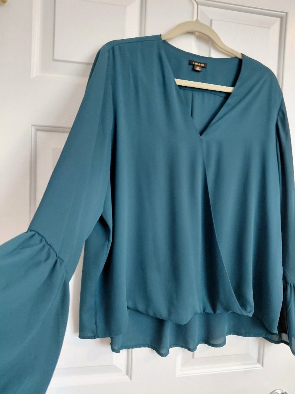 IMAN Global Chic - XL - Crossover Bell Sleeve Top – Georgette Blouse - Dark Teal